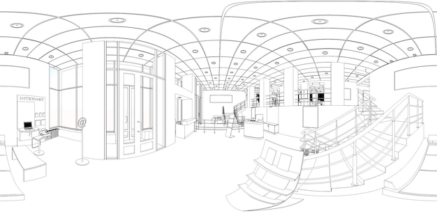 bolvormig panorama van het interieur contour visualisatie 3D illustratie schets schets