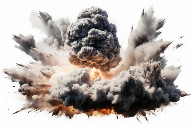 Bomb explosion with fire flames and smoke isolated on transparent background