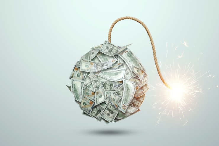 Photo 白い背景に燃える芯のあるお金の紙幣からの爆弾。金融の概念