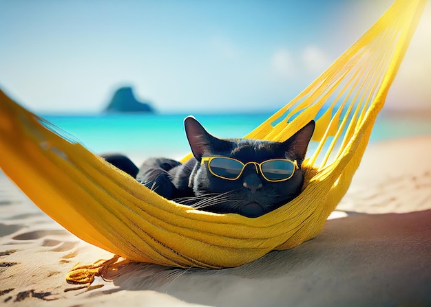 Бомбейская кошка лежит в гамаке на океанском пляже и наслаждается отдыхом, созданным с помощью генеративного ИИ.