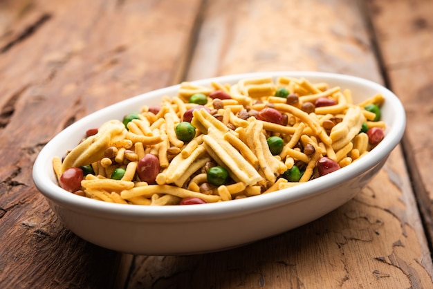 Bombay mix or Chanachur or Chiwda or farsan is an Indian snack mix, popular tea-time food from India