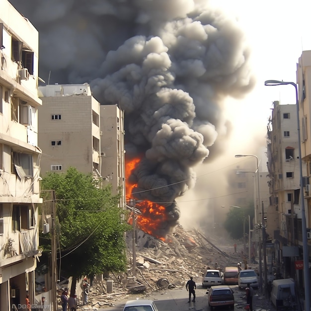 Bombed destroyed building with rubble in conflict gaza palestine israel or russian War destruction