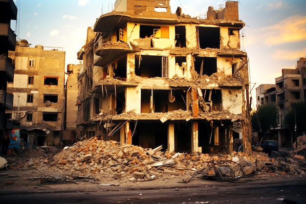 Bombed destroyed building with rubble in conflict gaza palestine israel or russian War destruction