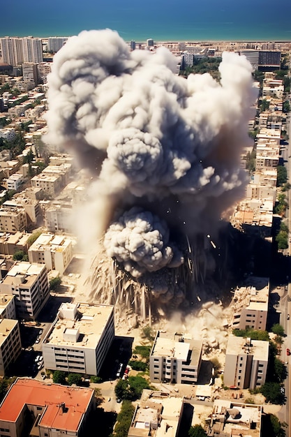 Бомбардированные разрушенные здания с обломками в конфликте Газа Палестина Израиль или Россия Военное разрушение