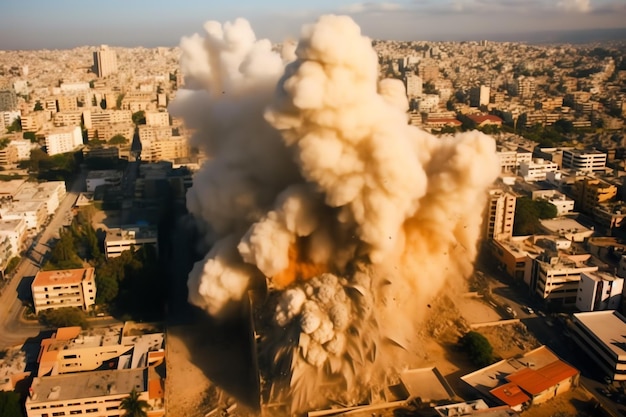 Bombed destroyed building with rubble in conflict gaza palestine israel or russian War destruction