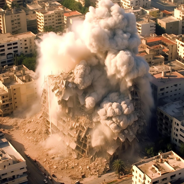 Бомбардированные разрушенные здания с обломками в конфликте Газа Палестина Израиль или Россия Военное разрушение