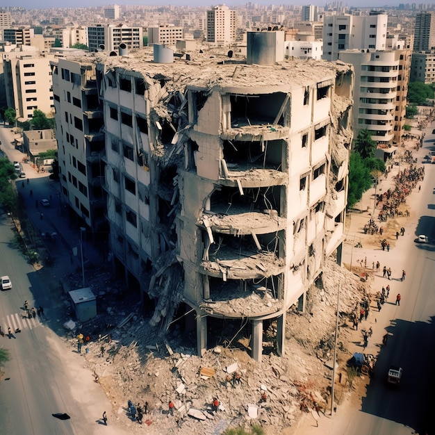 Bombed destroyed building with rubble in conflict gaza palestine israel or russian War destruction