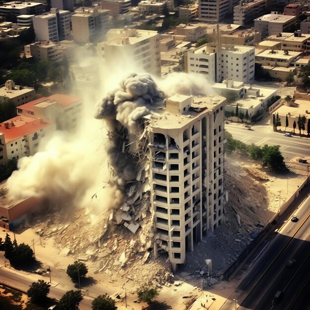 Bombed destroyed building with rubble in conflict gaza palestine israel or russian War destruction