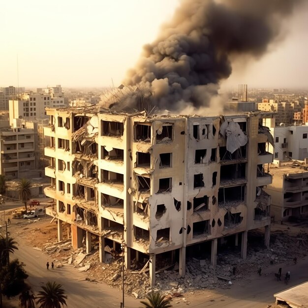 Bombed destroyed building with rubble in conflict gaza palestine israel or russian War destruction