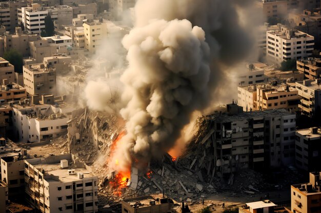 Bombed destroyed building with rubble in conflict gaza palestine israel or russian War destruction