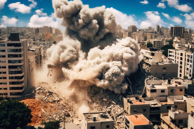 Bombed destroyed building with rubble in conflict gaza palestine israel or russian war destruction