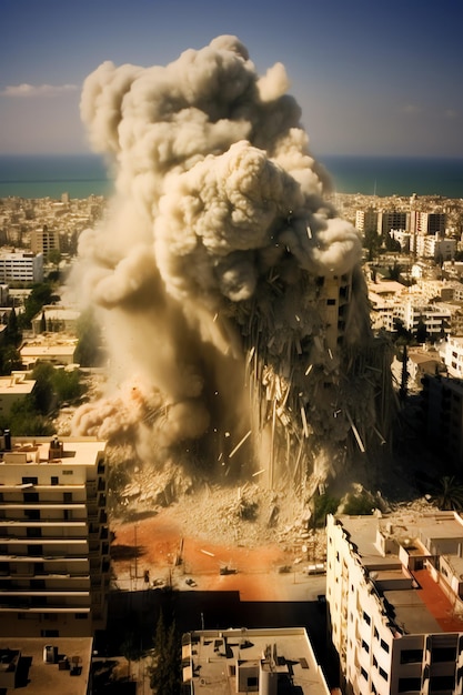 Bombed destroyed building with rubble in conflict gaza palestine israel or russian War destruction