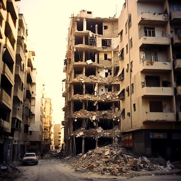 Bombed destroyed building with rubble in conflict gaza palestine israel or russian War destruction