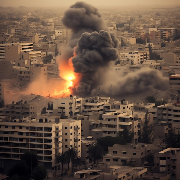 Bombed destroyed building with rubble in conflict gaza palestine israel or russian War destruction