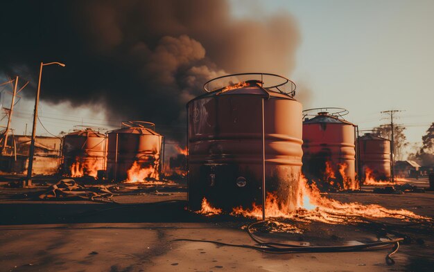 A bombed grain silo containing still burning grain