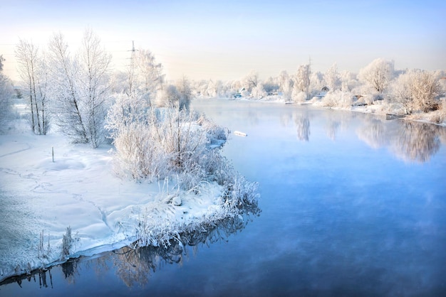 Bomen aan de oevers van de rivier in witte besneeuwde vorst aan de oevers van de rivier in de regio moskou