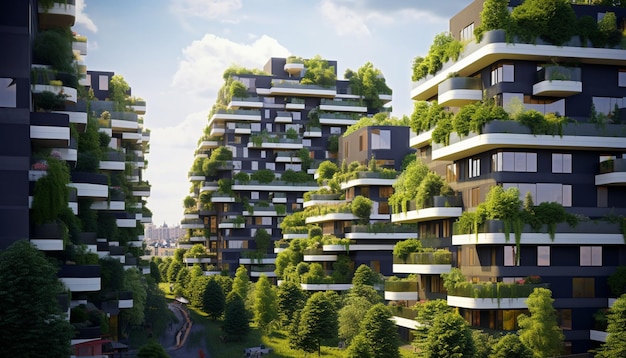 bomen die aan de zijkanten van gebouwen in een stad groeien generatieve ai