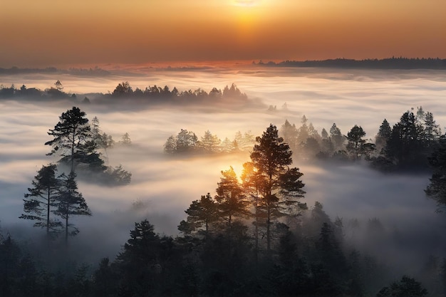 Bomen en bladeren bedekt met dikke mist in mistig bos 's avonds