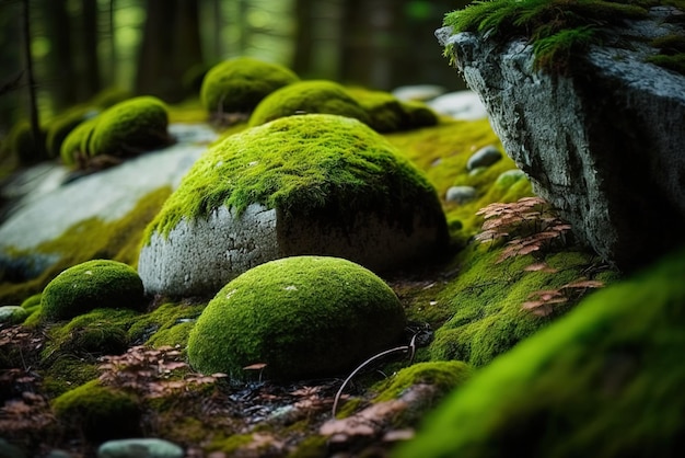 Bomen en met mos bedekte stenen in het bosgebied van Washington zijn van dichtbij te zien