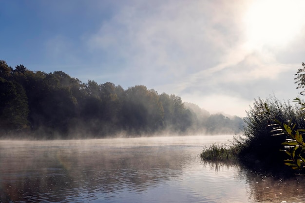 Bomen en mist in de ochtend in de herfstzonsopgang op de rivier de Neman in het herfstseizoen