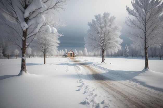 Bomen en weg bedekt met sneeuw in de koude winter Bomen en dikke sneeuw op de grond