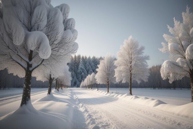 Bomen en weg bedekt met sneeuw in de koude winter Bomen en dikke sneeuw op de grond