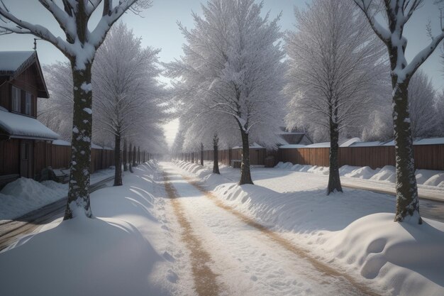 Bomen en weg bedekt met sneeuw in de koude winter Bomen en dikke sneeuw op de grond