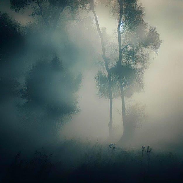 Bomen in de mist de rook in het bos in de ochtend een mistige ochtend tussen de bomen