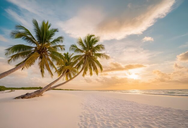 Foto bomen met het witte zand op het strand met prachtige wolken hemel