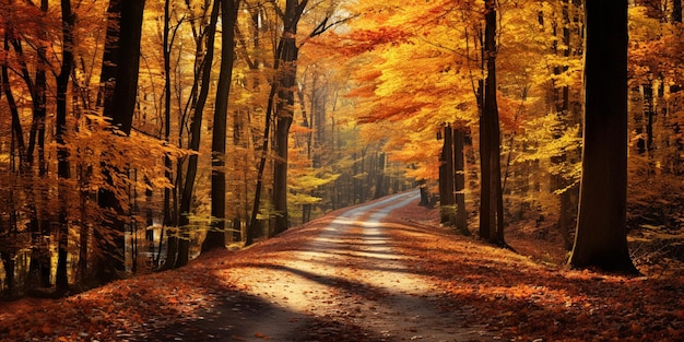Bomen met oranje bladeren op de grond en een weg in het midden generatieve ai