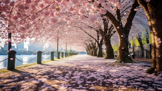 Bomen met roze bloemen staan langs een pad naast een watermassa die generatieve ai vormt