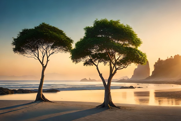 Bomen op het strand bij zonsondergang