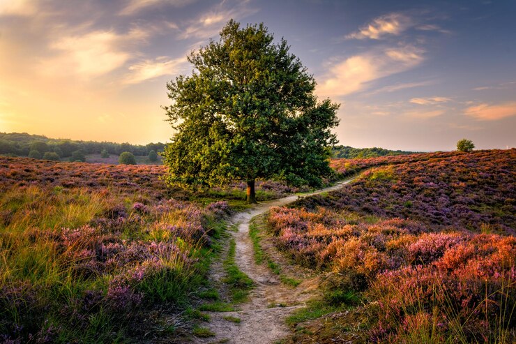 Foto bomen op het veld tegen de hemel bij zonsondergang