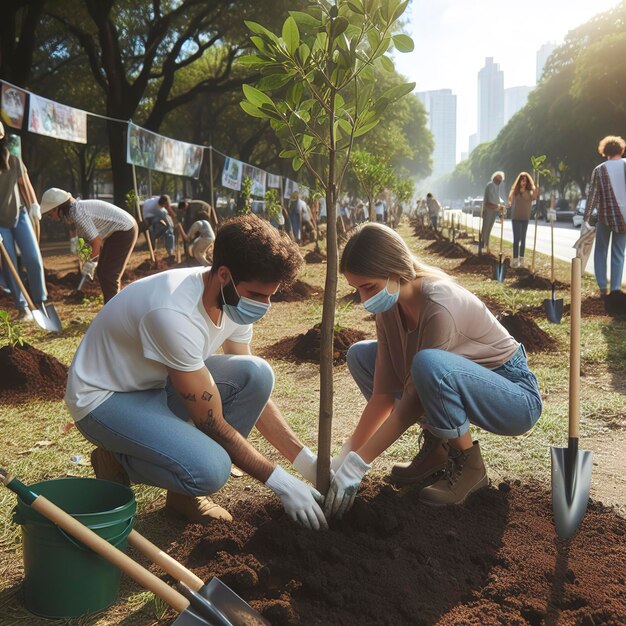 Bomen planten in een stadspark tijdens een maatschappelijk evenement