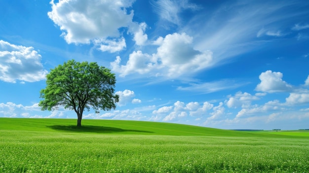 Bomen staan op groen veld achtergrond natuur behang voor web of banner