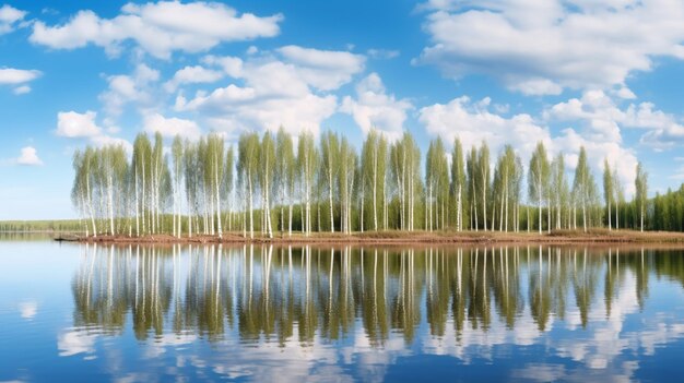 bomen worden weerspiegeld in het water van een meer met een blauwe lucht, generatieve ai