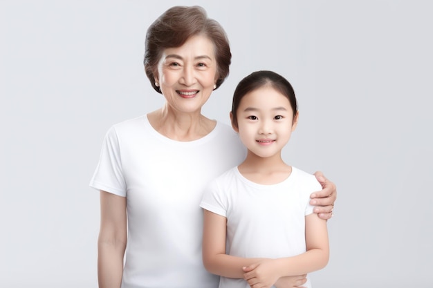 Bond of Love Smiling Asian Grandmother and Granddaughter Share a Special Connection in White Shirts