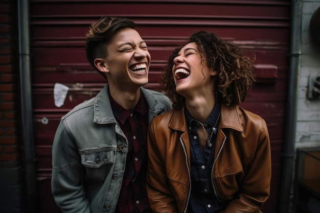 笑いによって結びついた 幸せを発見する 喜びに満ちたLGBTQカップルの肖像画
