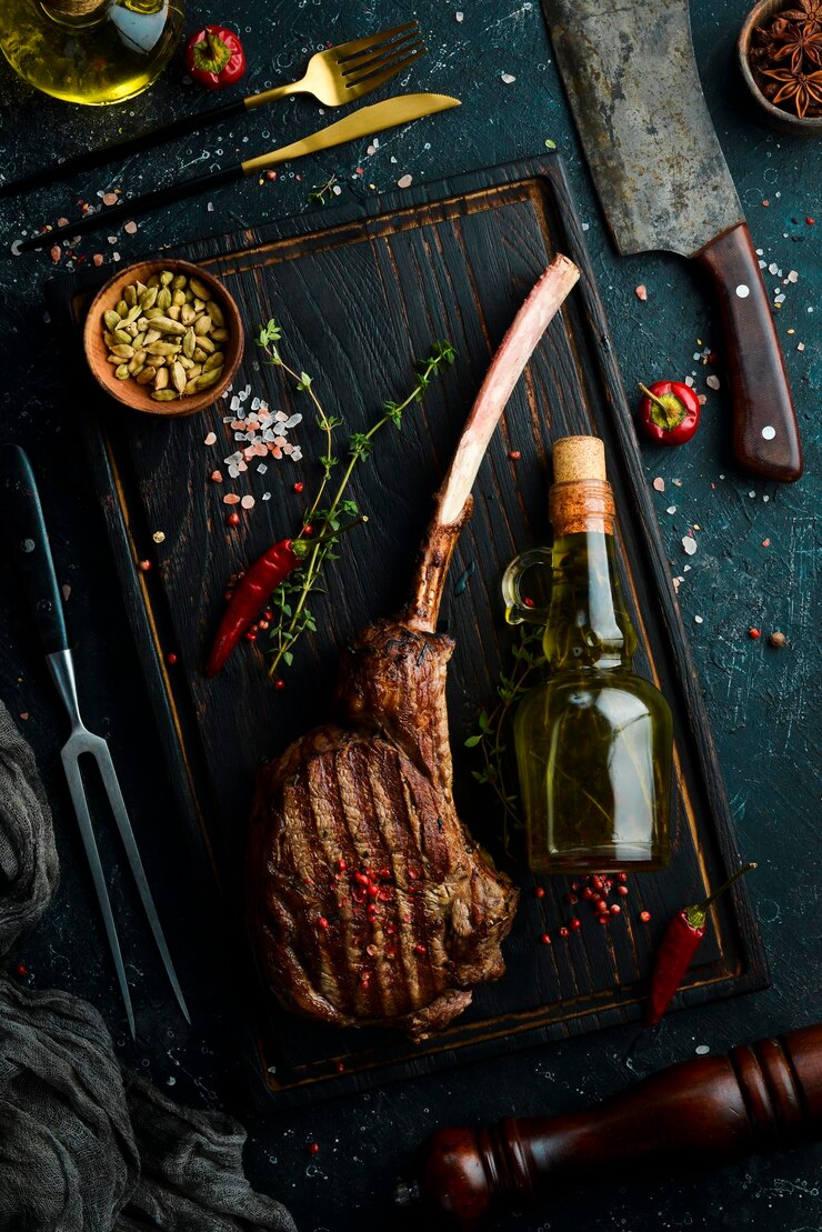 Bone steak. Tomahawk steak on a black wooden background. Top view. Free space for text.