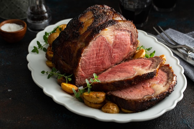 Boneless beef roast on a serving platter sliced