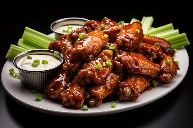 Boneless chicken wings covered in honey garlic bbq sauce with ranch and celery