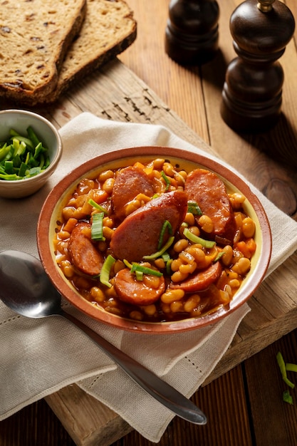 Bonen met worst en tomatensaus Bonen stoofpot zelfgemaakte rustiek Engels eten Rustieke houten achtergrond