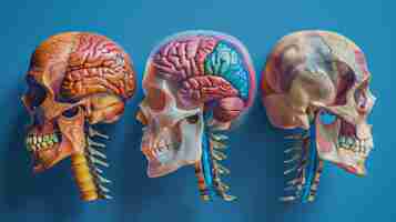 Photo bones of the head and skull individual bones and their salient features highlighted with different colors names of the cranial bones anterior view