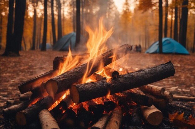 Bonfire in the autumn forest closeup