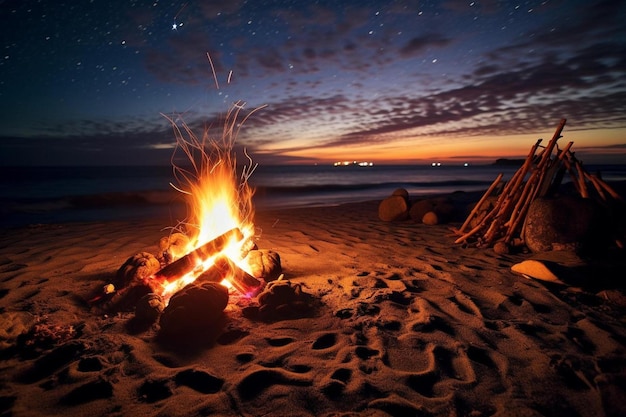 a bonfire on the beach with the ocean in the background