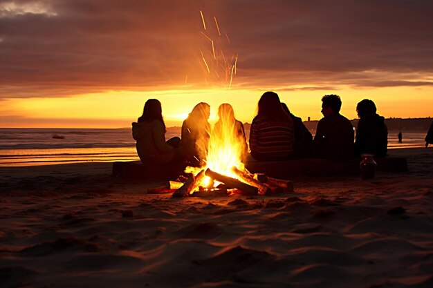 Photo bonfire on the beach with silhouetted figures