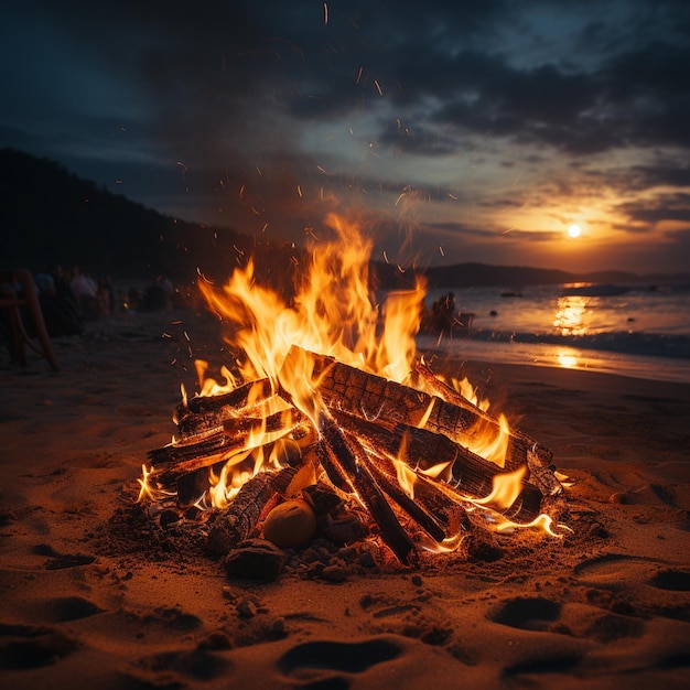 A bonfire on a beach with a sunset in the background.