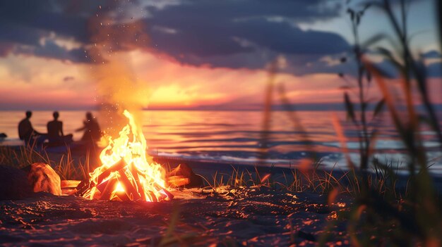 A bonfire burns on a beach at sunset A couple sits on a blanket in the background The fire is surrounded by sand and grass