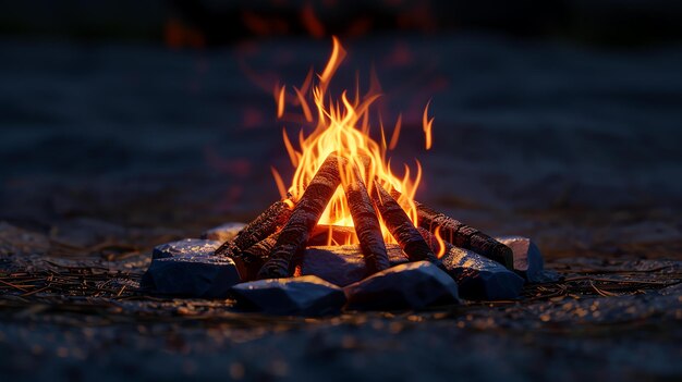 A bonfire burns brightly at night surrounded by a ring of stones