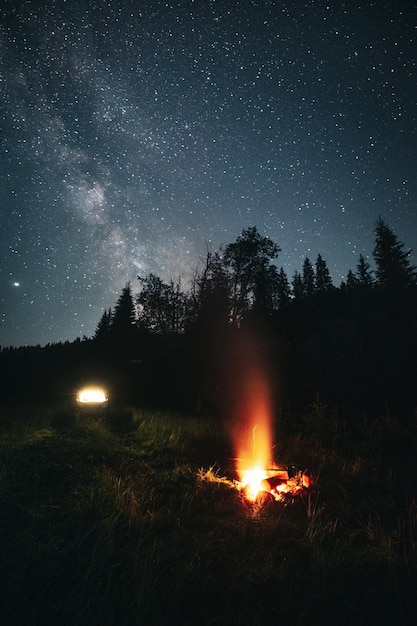 Foto un falò sul campo contro il cielo di notte